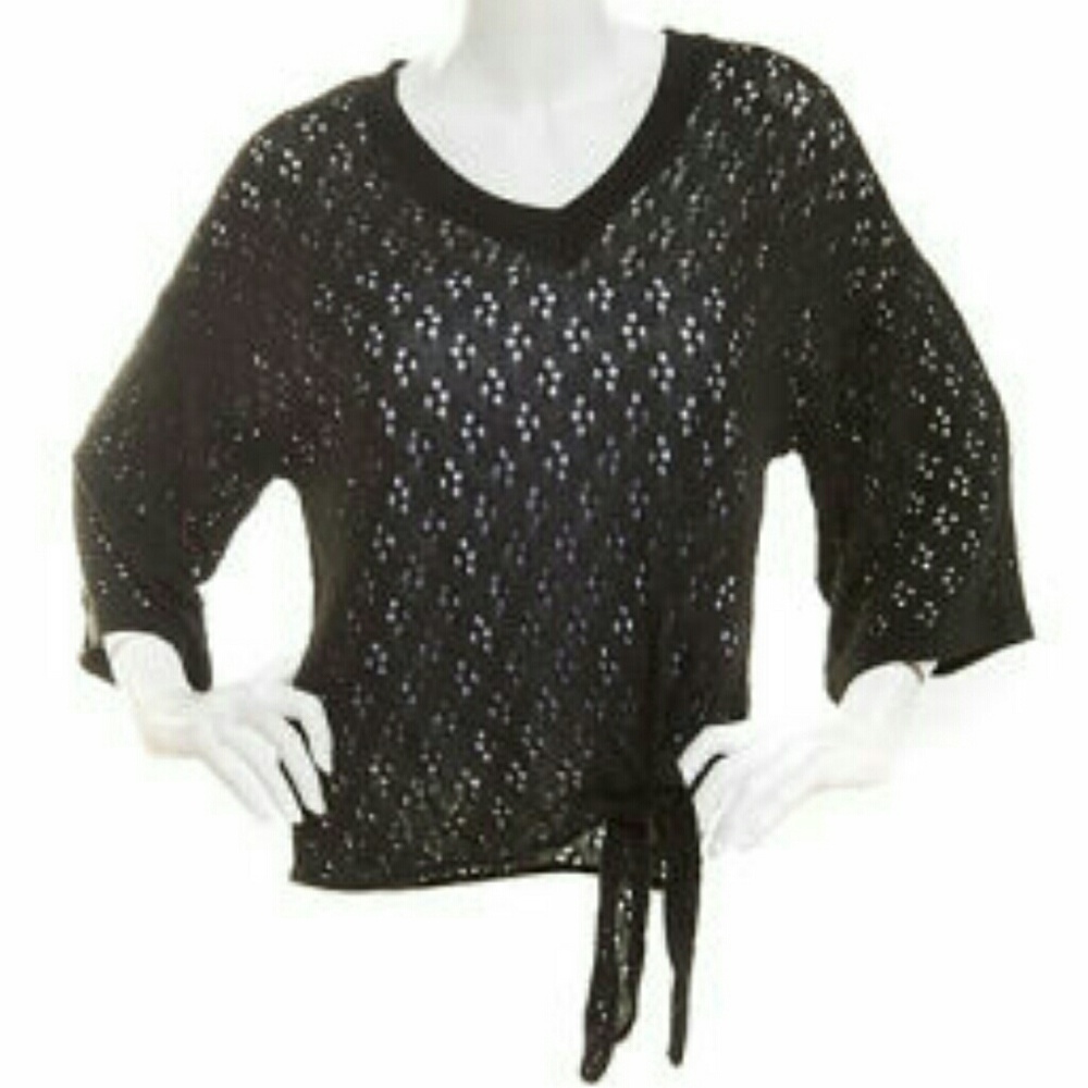 Teaberry Tie Front V-neck Eyelets Knit Sweater